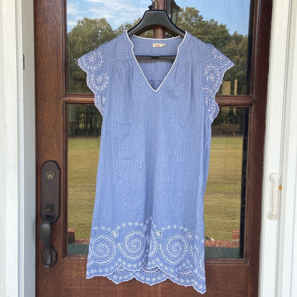 Light Blue Eyelet Shift Dress — V-Neck Cap Sleeve